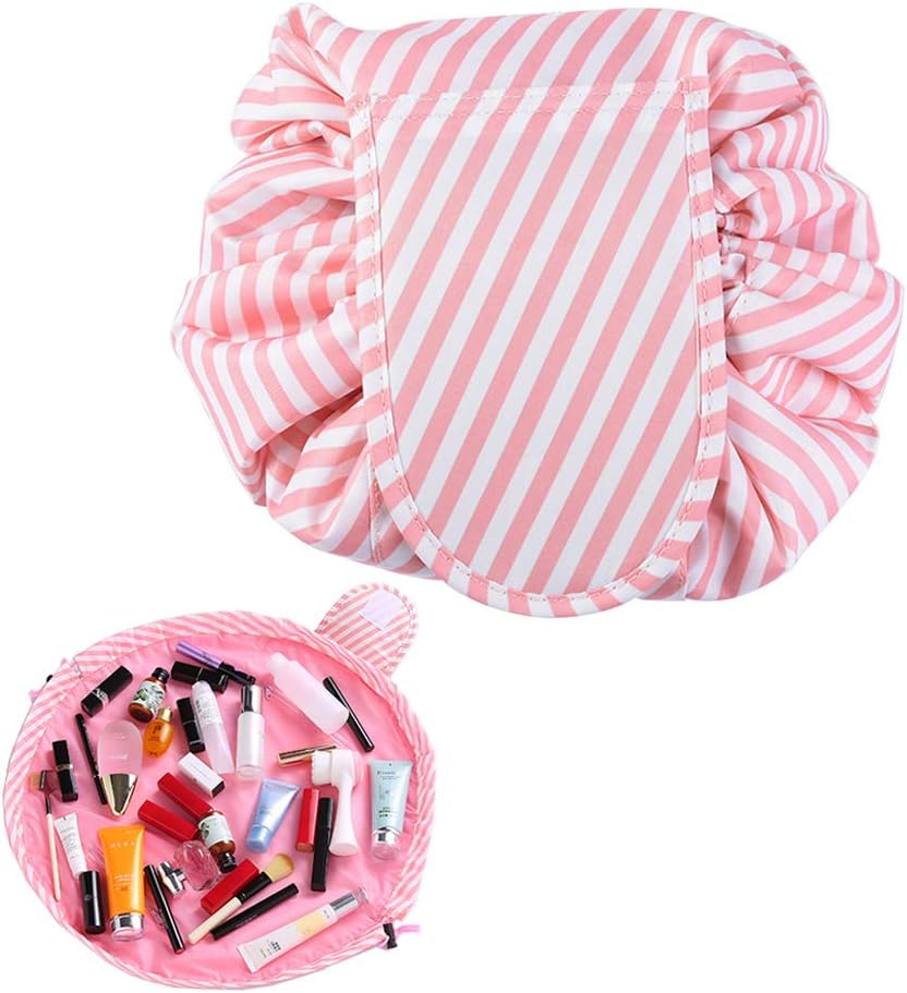 Portable Lazy Drawstring Cosmetic Bag, AUERVO Large Capacity Lazy Makeup Toiletry Bag Fashion Multifunction Pouch Travel Storage Organizer Quick Pack Waterproof For Women Girl (Stripe)
