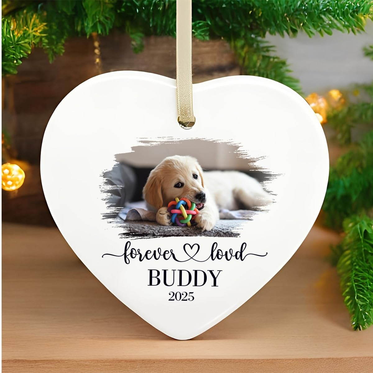 Gutegifts White Personalised Pet Memorial Ornament | Forever Loved Heart-Shaped Ceramic Bauble Keepsake With Photo | Dog Or Cat Loss Remembrance Sympathy Gift For Pet Owners