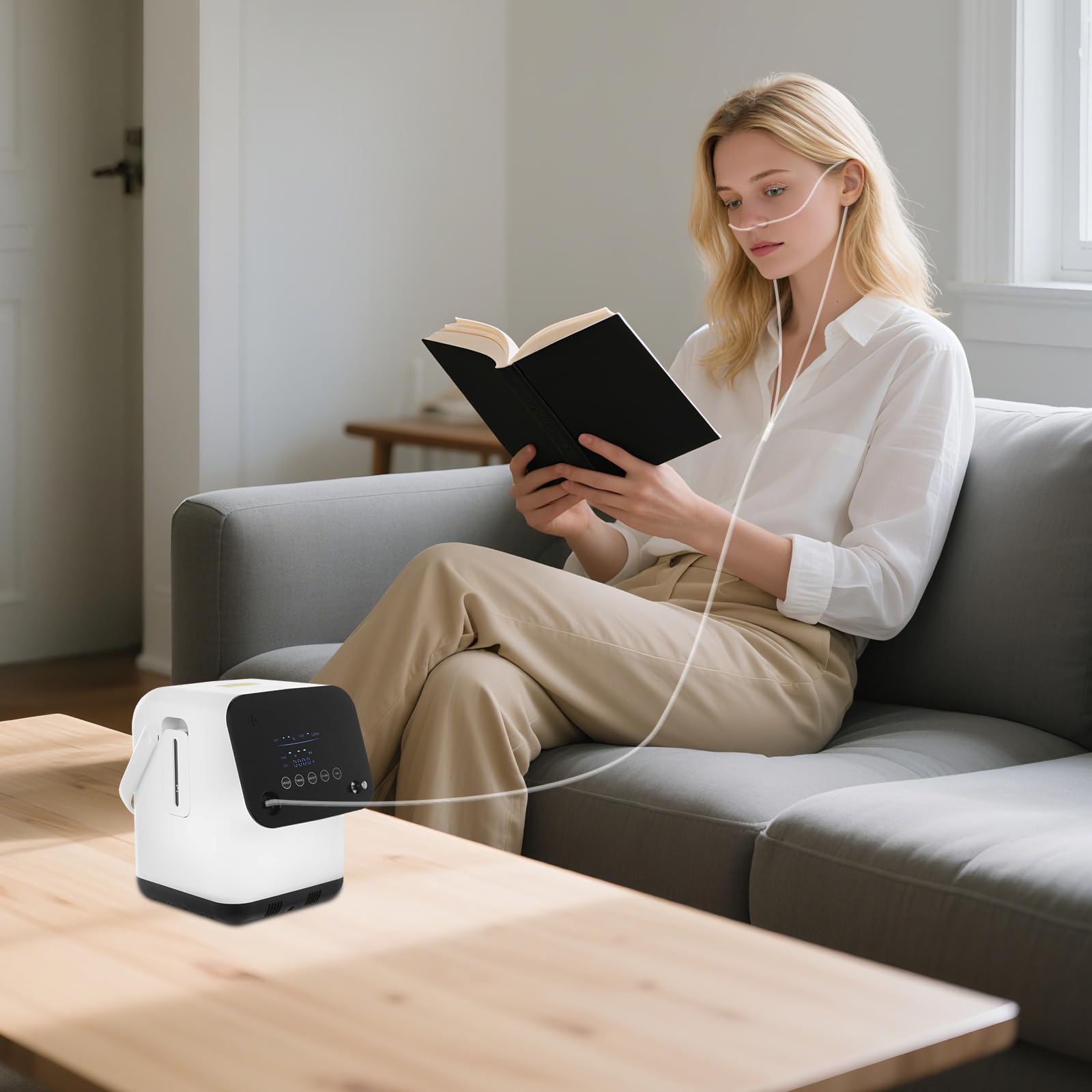Concentratore di ossigeno portatile per casa e in viaggio, 1-7 l/min con 48 ore di funzionamento continuo, silenzioso 45 dB, telecomando, funzione ioni negativi per anziani, casa di cura, viaggi