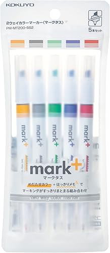 KOKUYO Marcador+marcadores de doble punta de cincel de secado rápido, 5 unidades de oro, gris, verde claro, azul marino, rojo. Importación de Japón