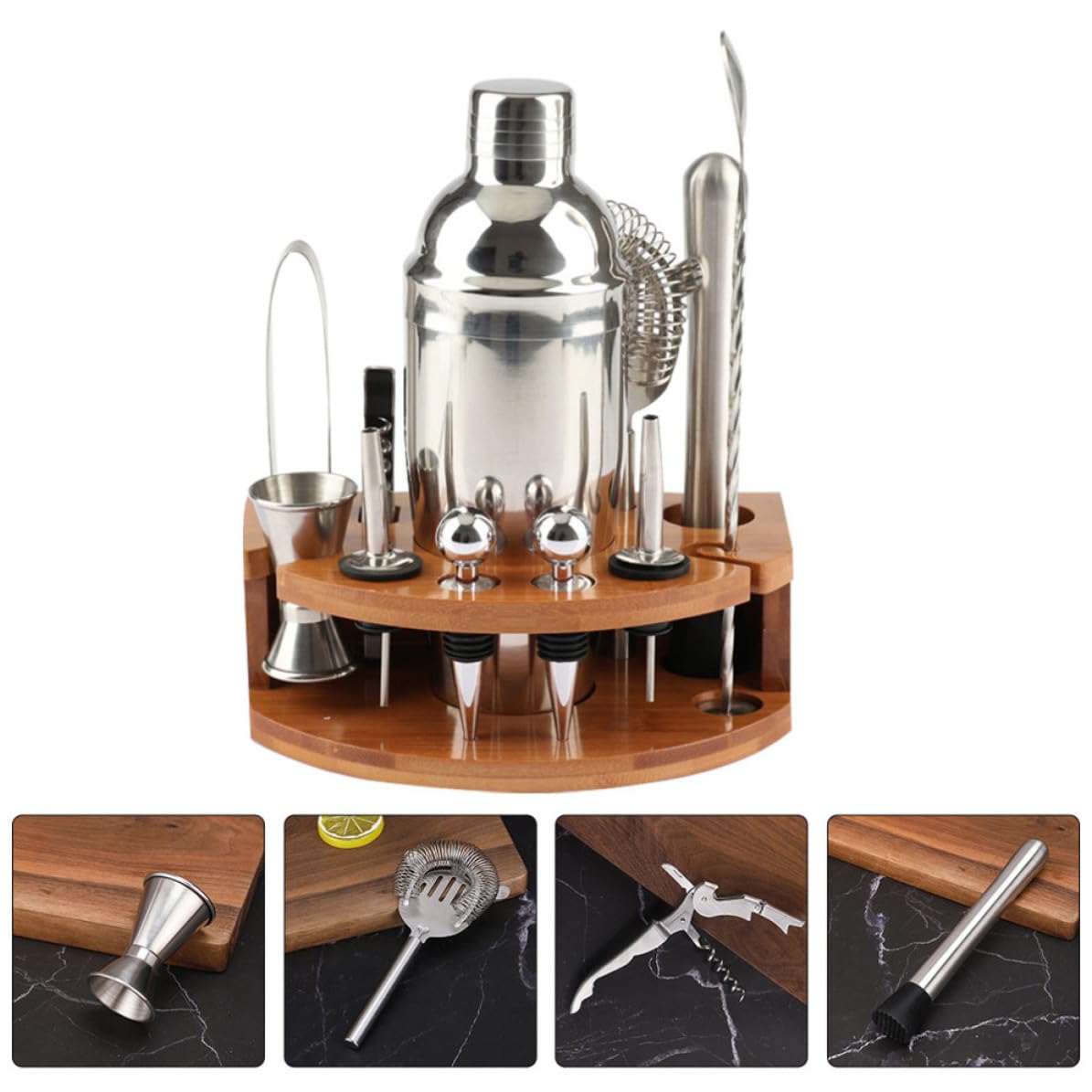 TOYANDONA Juego de Coctelera de 12 Piezas Soporte de Bambú y Acero Inoxidable para Preparar Cócteles en Bar o Casa, Kit Profesional para Bebidas y Té
