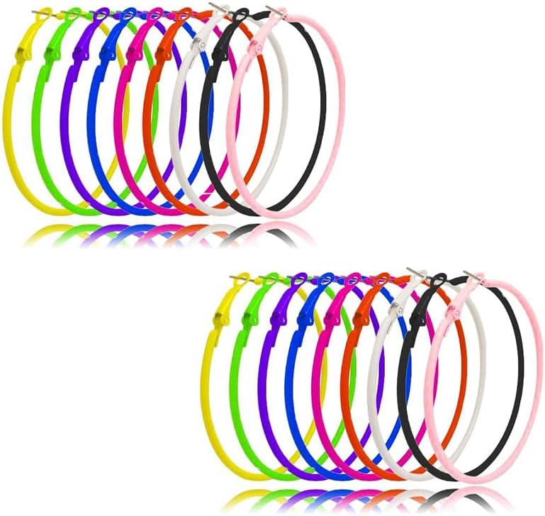 9 pares de aretes de aro de neón de los años 80 para mujer, delicados aretes de discoteca de color caramelo, aretes de aro retro coloridos y ligeros