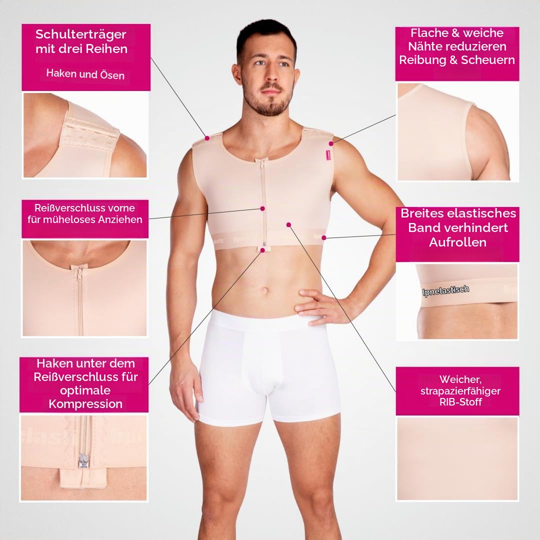 LIPOELASTIC MTmS Comfort – Gynäkomastie Kompressionsweste mit Reißverschluss, verstellbaren Haken und Shapewear für Herren