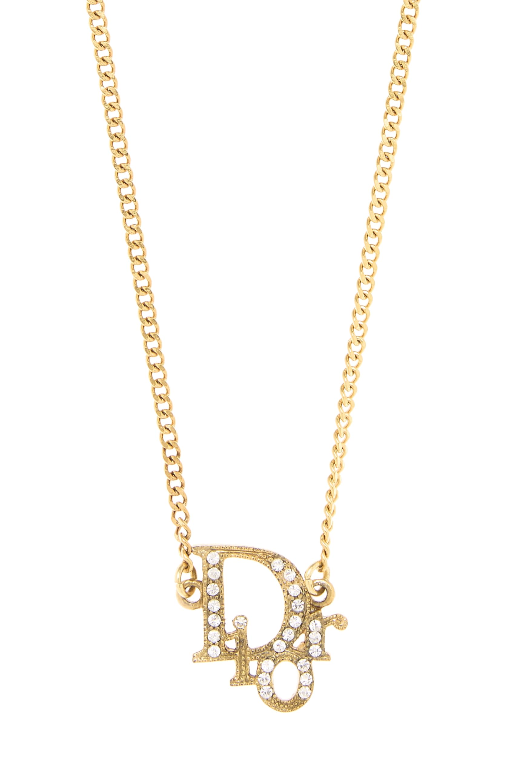 Dior, Pre-Loved Gold & Crystal CD Logo Necklace, Gold