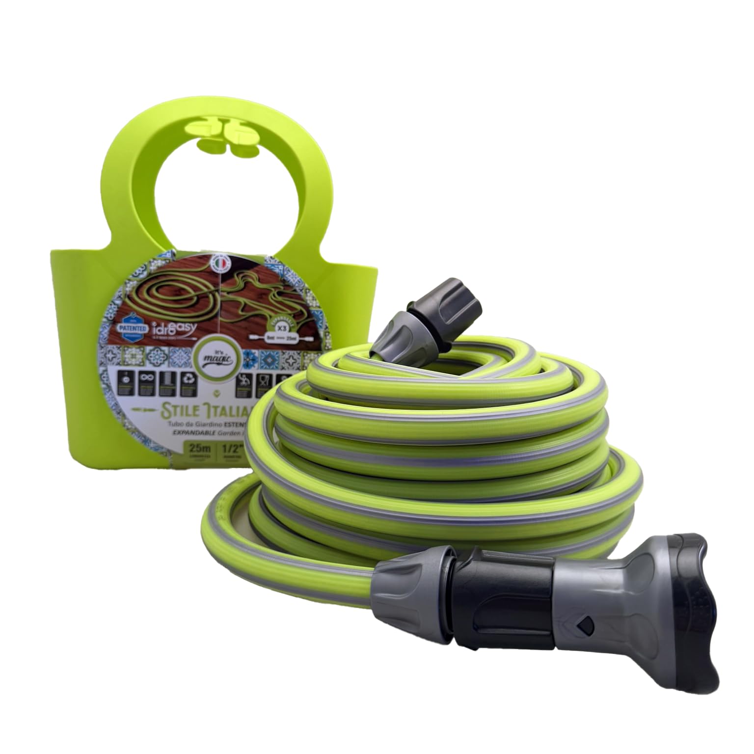 Idroeasy, Tubo Estensibile da Giardino 25 Metri Kit 1/2" con Doccetta, Raccordi e Borsetta, Canna Acqua Estensibile 3x Leggera Anti-Nodo, Tubo Atossico per Terrazzi e Balconi (Lime) Made in Italy