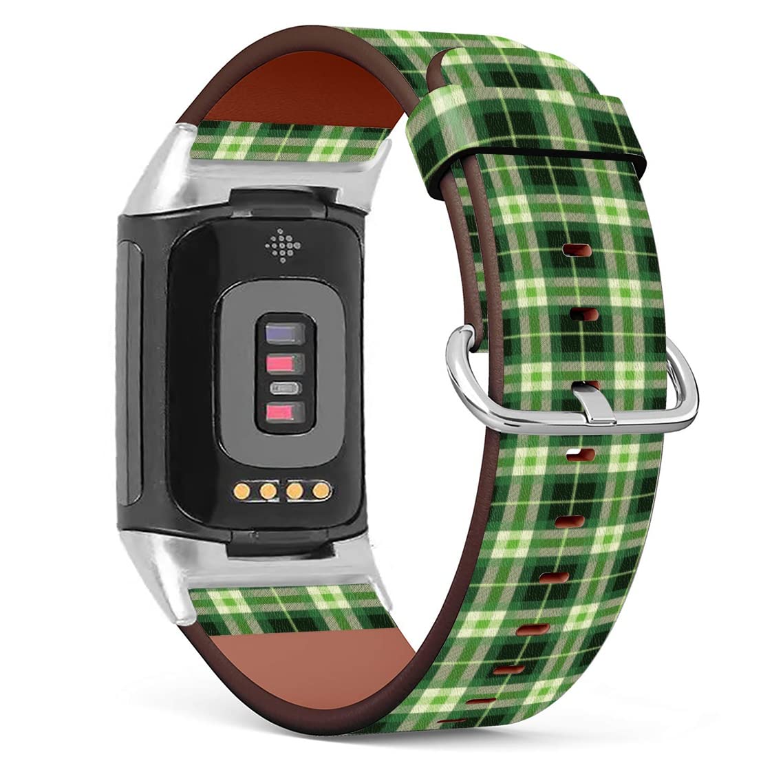 MINGDAO Compatible with Fitbit Charge 5 , Patterned Leather Replacement Band , (Green Checkered Tartan Plaid Pattern-Wb01)
