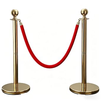 BeBecome Stanchions and Velvet Ropes, Gold Stanchions with 5 ft Red Velvet Rope, 2 Pack Crowd Control Barriers, Fillable Bases, Red Carpet Poles for Weddings