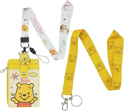 Winnie - Lindo tarjetero con cordón, tarjetero para tarjetas de crédito de identificación de Pooh, bolsa con cordón, funda para tarjetas de cuello,