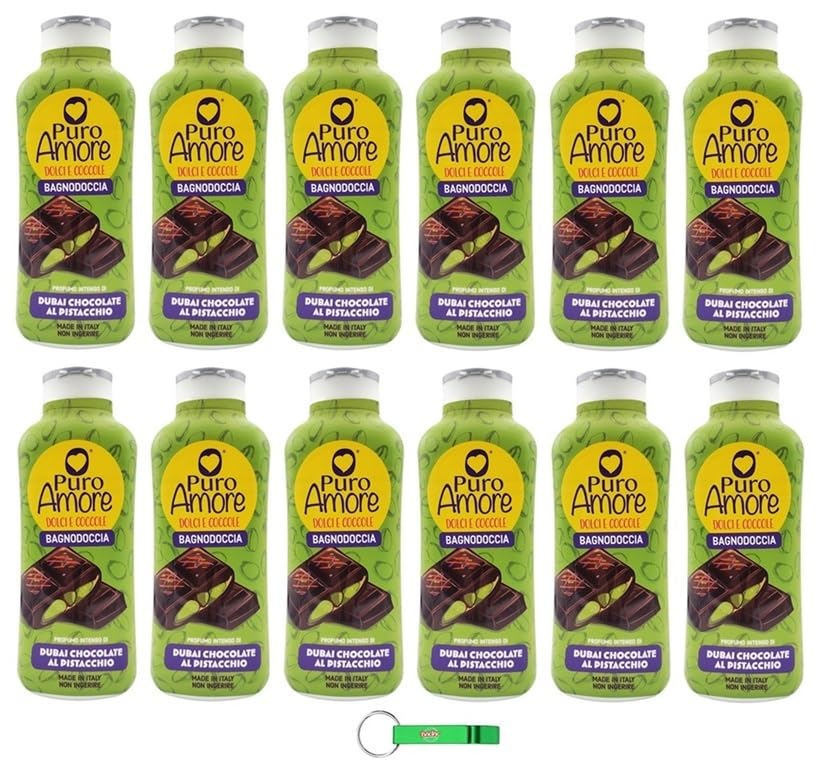 Puro Amore Dolci e Coccole Bagnodoccia Gel de Ducha de Chocolate Dubai con pistachos 650 ml + llavero Beni Culinari gratuito (12 unidades)