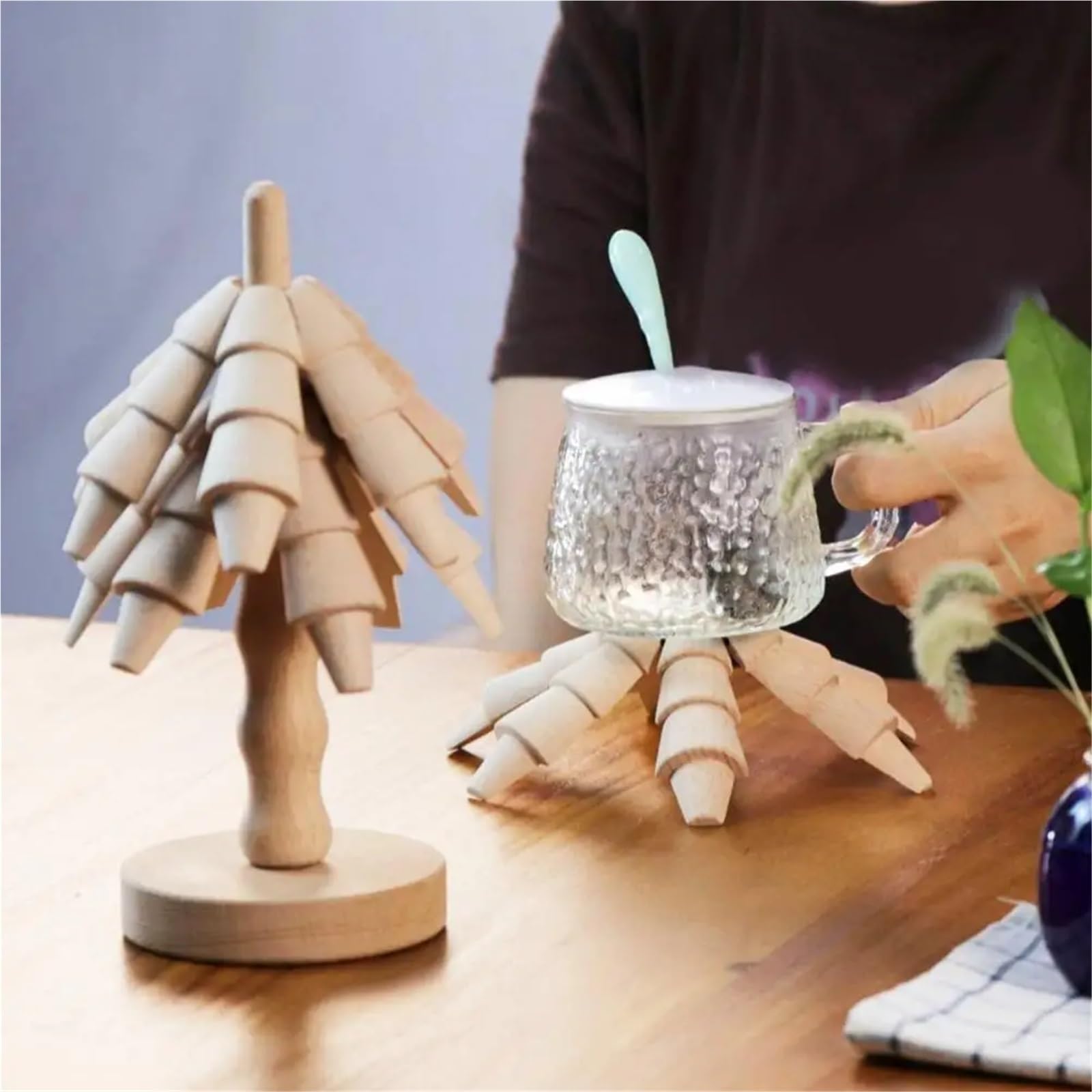 Salvamanteles de madera con soporte, apilados, adornos de árbol, plegables, decoración de cocina, juego de salvamanteles para platos calientes y ollas