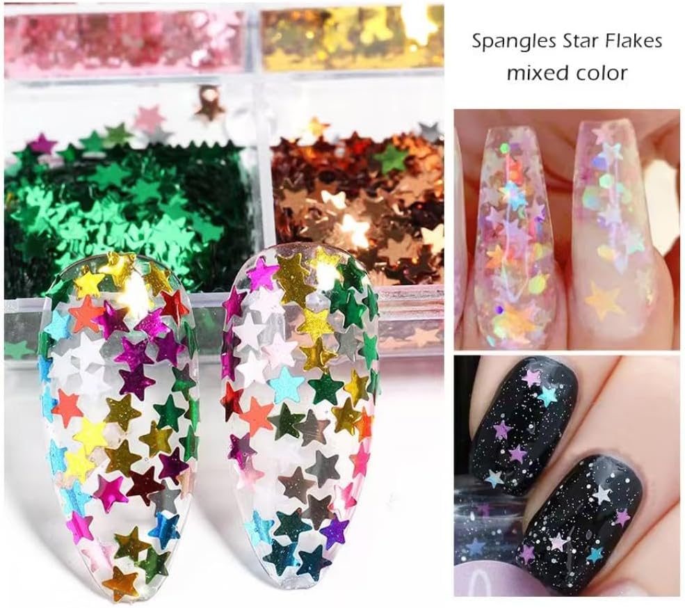 12 Colors Nail Glitters Sequins 3D Holographic Laser Star Nail Flakes Sparkly Shining Star Nail Decals Nail Art Design Nail Decor for Women Girls Nail Art DIY Independence Day Decorations Charms