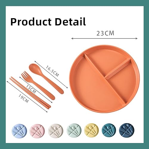 Miniatura 5 de CHOUBAGUAI Platos divididos para adultos, paquete de 4 platos de control de porciones, platos de paja de trigo divididos de 9 pulgadas,