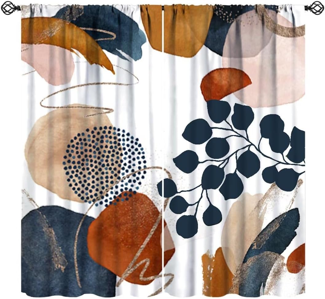 Abstract Leaves Curtains, Boho Mid Century Blue Orange Window Drapes Modern Minimalist Art Print Blackout Window Treatments for Living Room Kitchen Bedroom 63x72in