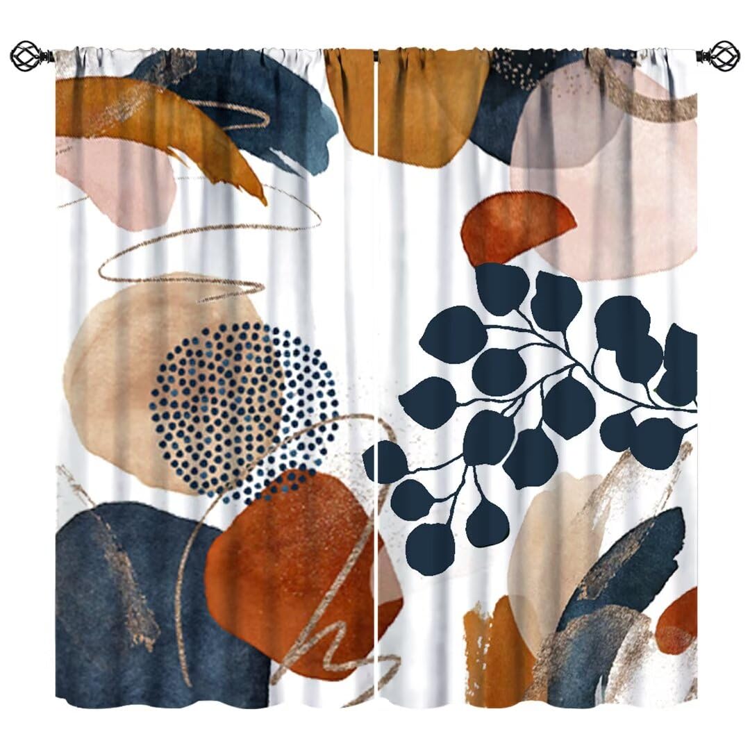 JanJCurt Abstract Leaves Curtains, Boho Mid Century Blue Orange Window Drapes Modern Minimalist Art Print Blackout Window Treatments for Living Room