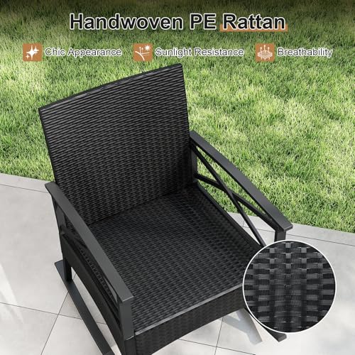 Image of Tangkula 3 Pieces Wicker Outdoor Rocking Chairs Set | Heavy Duty | Cushioned | Rattan Rocker Bistro Set w / 2-Tier Tempered Glass Coffee Table for Garden, Balcony, Backyard