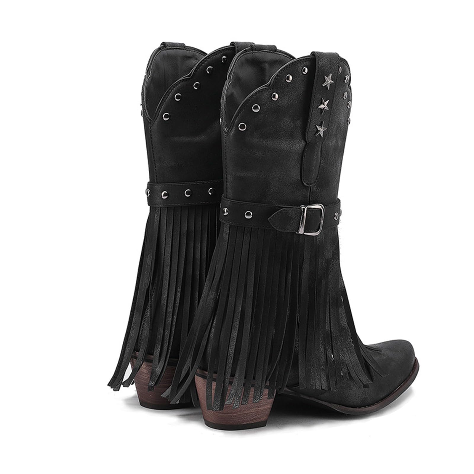 Stivali da donna, stile country frangia, stivaletti a punta, stivaletti, tacco quadrato, scarpe larghe, stivaletti con cinturino di fibbia, stivaletti da donna scamosciato, tacco a blocco, taglia