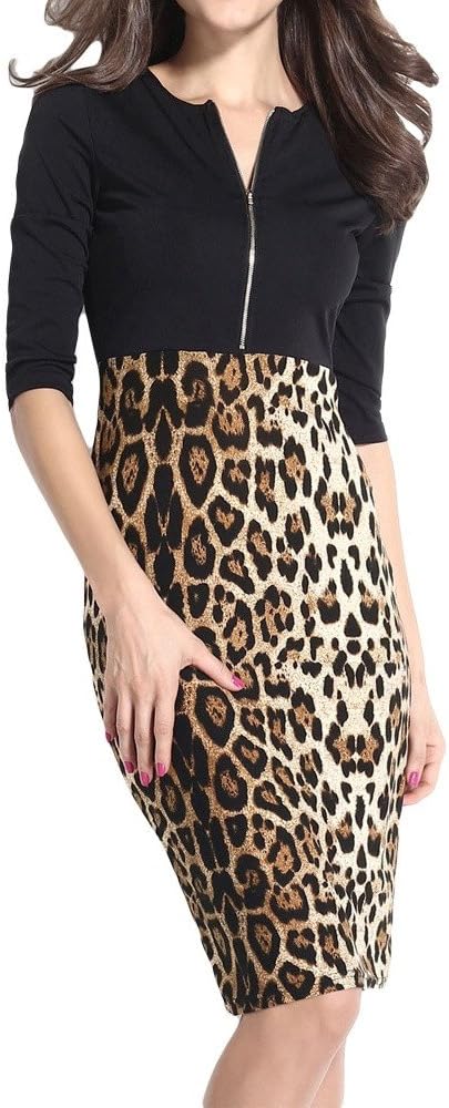Sexy Leopard Print Patchwork Front Zipper Zip Up Bodycon Shirt Dress S