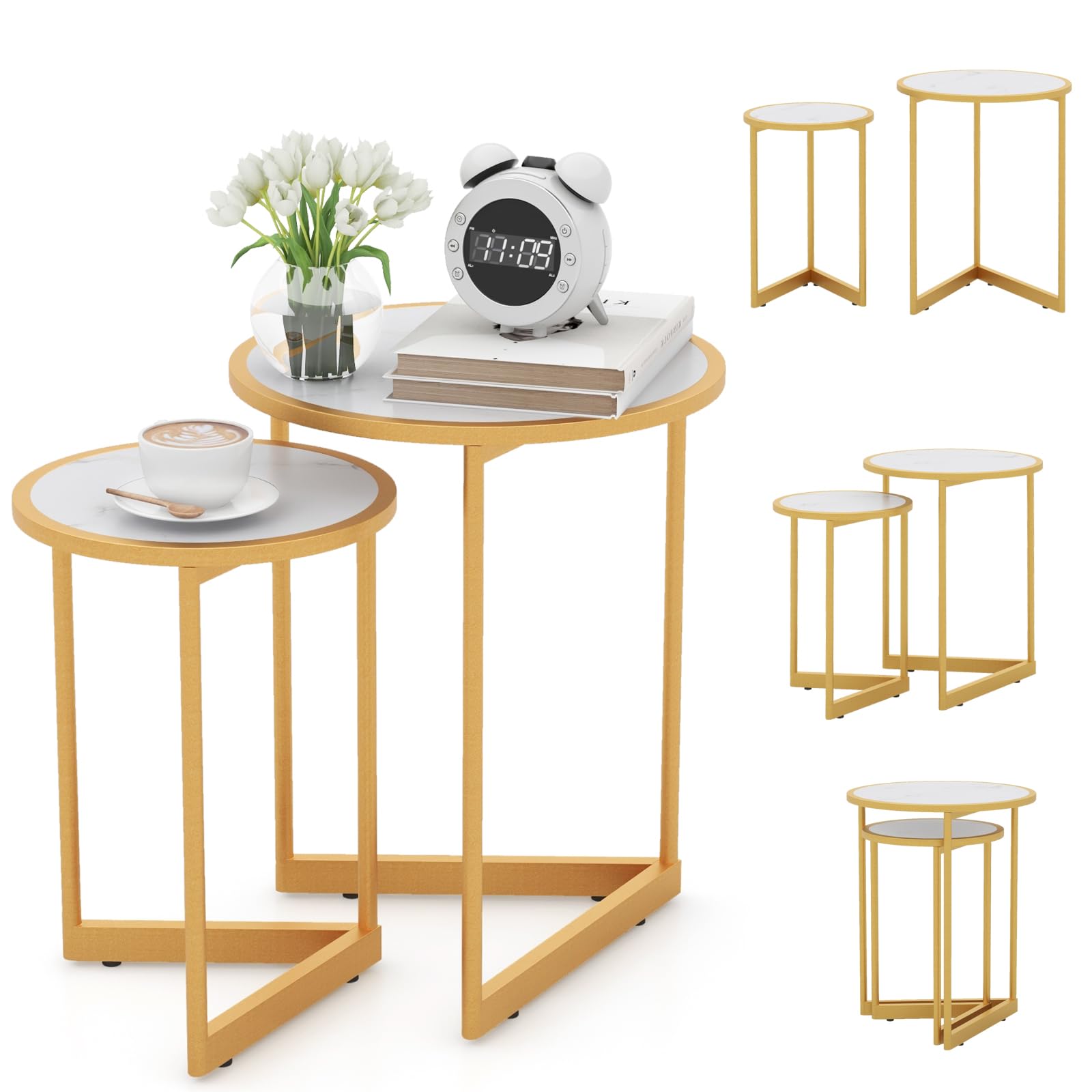LIFEZEAL Set di 2 Tavolini da Salotto, Rotondo, Sovrapponibile, Oro, Bianco, Effetto di Marmo, Tavolino da Caffè, Tavolino Basso Laterale, Tavolino Lato Divano, Legno+Metallo, Moderno, Soggiorno
