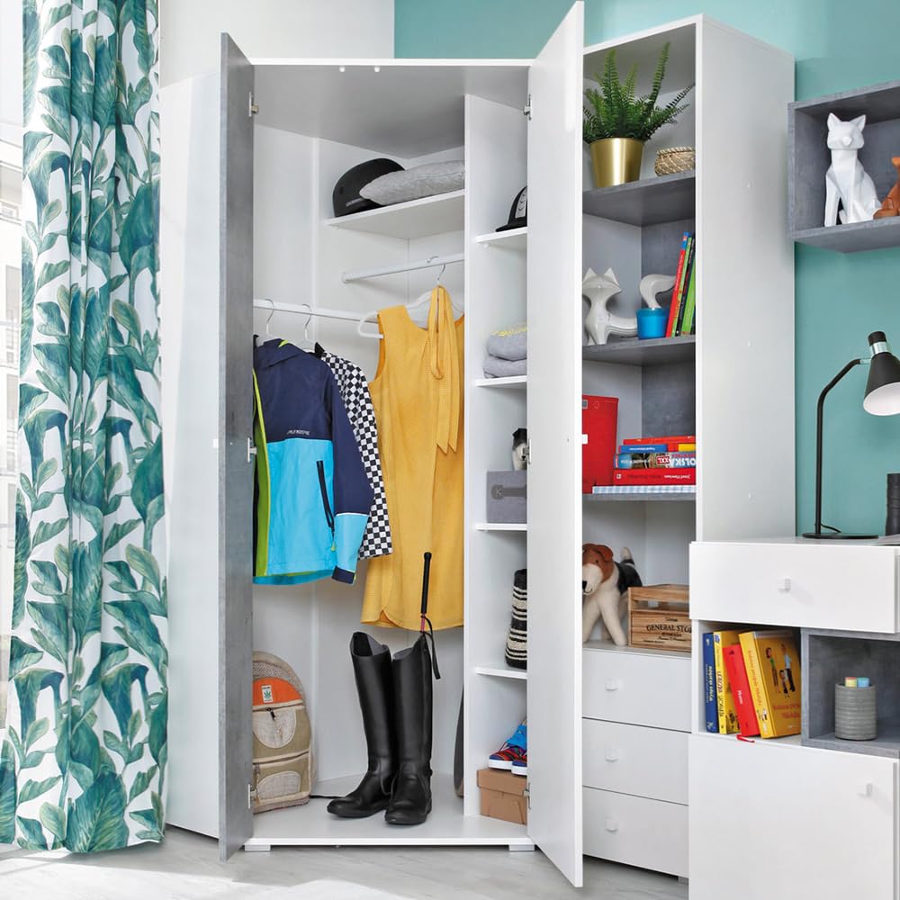 Lomadox Jugendzimmer Set 2-teilig mit Eckkleiderschrank, Regalschrank in Beton und weiß modern