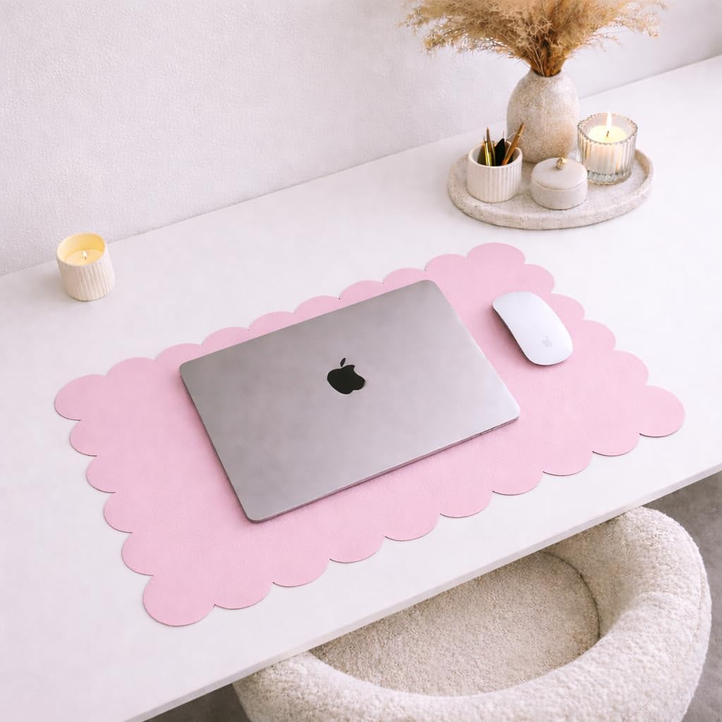 Orelle Pink Scalloped Desk Mat | Vegan Leather Desk Mat for Keyboard and Mouse, Laptop, Makeup Vanity | Computer Desk Pad Mat | Office Desk Cover Mat | Desk Blotter Mat | 30 x 15” | Pink