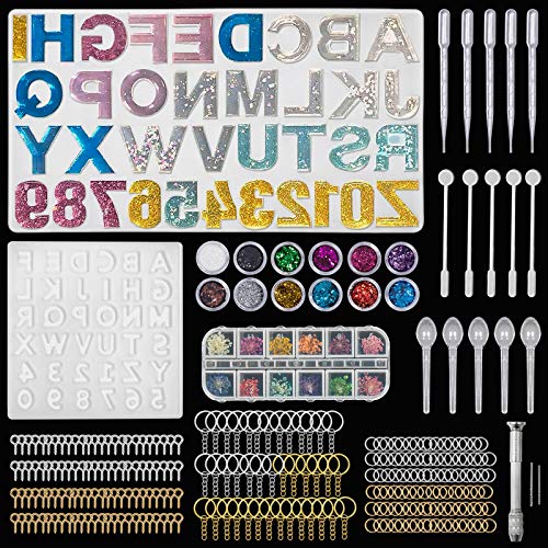 ZWOOS Moldes Resina 273 Piezas DIY Transparente Silicona Epoxi Moldes Resina con Número de Letras, Molde de Fundición para Creativo Joyerias Bricolaje Collar Colgante llaveros Manualidades