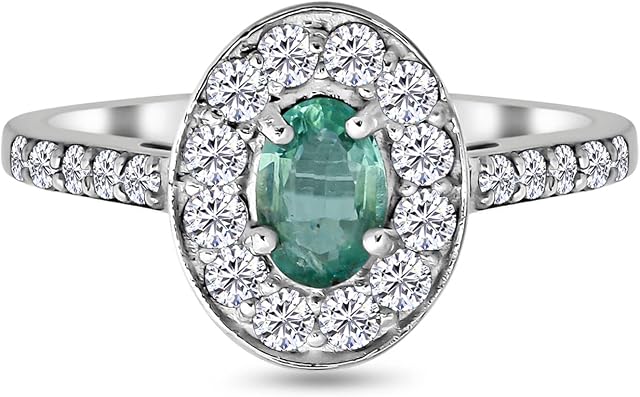 TJC Emerald Halo Ring for Women in Platinum Plated 925 Sterling Silver Prongs Setting Green Coloured May Birthstone Metal Wt. 1.6 Grams