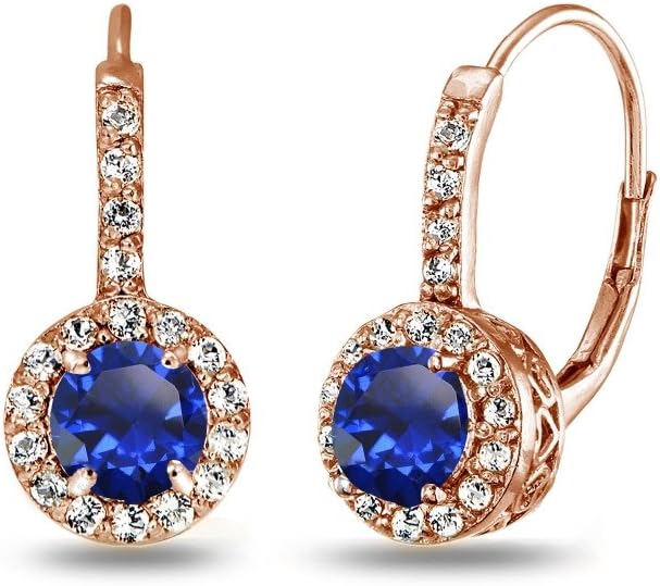 Rose Gold Flashed Sterling Silver Genuine or Synthetic Gemstone Round Dainty Halo Drop Leverback Earrings