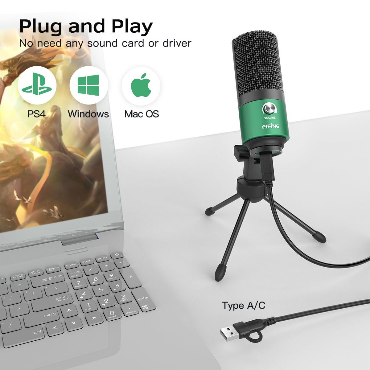 FIFINE K669G Microphone de jeu USB pour PC de bureau, PS4 et Mac, contrôle du gain, microphone d'ordinateur à condensateur externe pour streaming, podcasting, Twitch, Discord, Vert