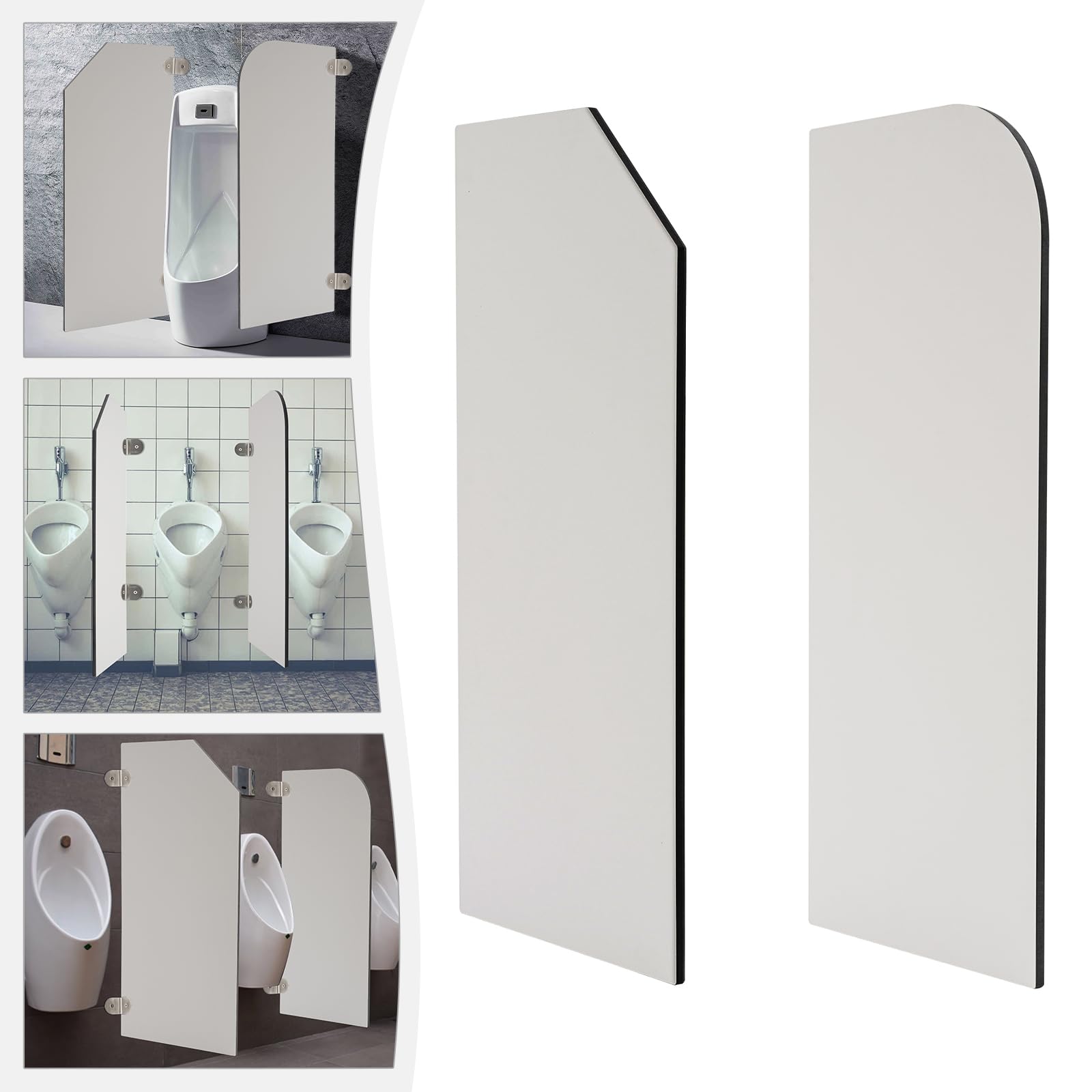 Pareti orinatoio 40 x 90 cm angolo rotondo, separazione WC con supporti in acciaio inox | 40 x 90 cm, angolo rotondo, laminato compatto, ignifugo, acciaio inox 304, pre-forato, per servizi igienici pubblici