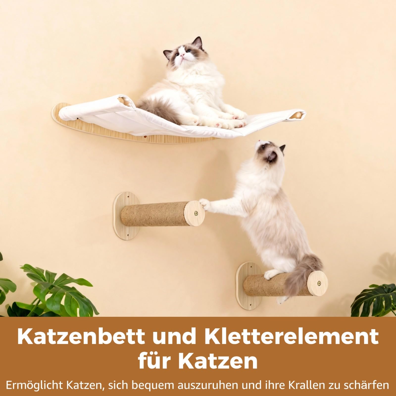 Katzenhängematte Wandmontage, Kletterwand Set aus Massivholz mit Katzentreppe, Holz Katzenbett mit Kratzbaum, Wandmontiertes Katzenkletterset, 54,61 x 36 cm