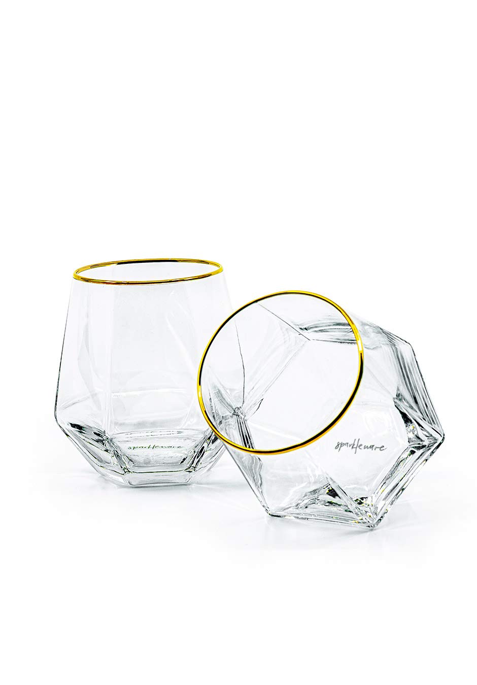 Sparkleware Diamond Whiskey Glasses Set of 2 Gift Boxed Tilted Tumbler Scotch Whisky Glass 300ml Modern for Men, Him, Dad, Husband, Friends (Golden Rim)