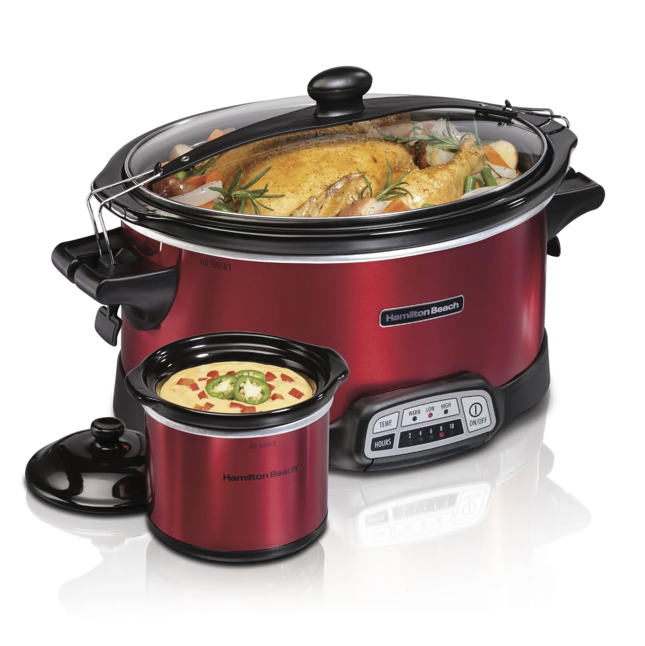Stay or Go Programmable Slow Cooker with Party Dipper 7 Quart Capacity Removable Crock Red