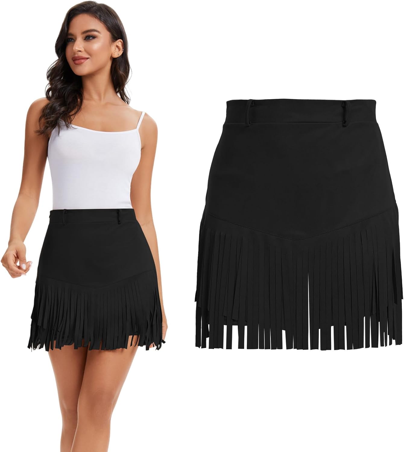 Women Western Cowgirl Fringe Skirt Terra Cotta High Waist Fringe Mini Short Skirts 60s 70s Hippie Party
