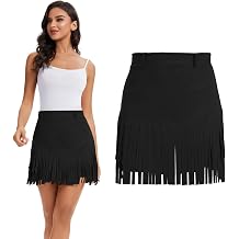 Womens Faux Suede High Waist A-Line Fringe Mini Skirt - Western Cowgirl Tassel Hem Casual Party Short Skirt