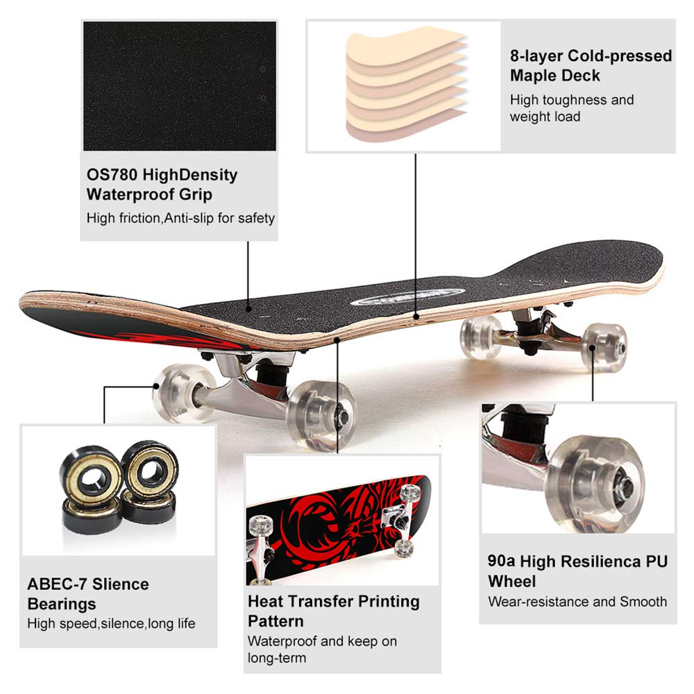 ChromeWheels 31 inch Skateboard Double Kick Skate Board Cruiser Longboard 8 Layer Maple Deck Skateboards for Kids and Beginners