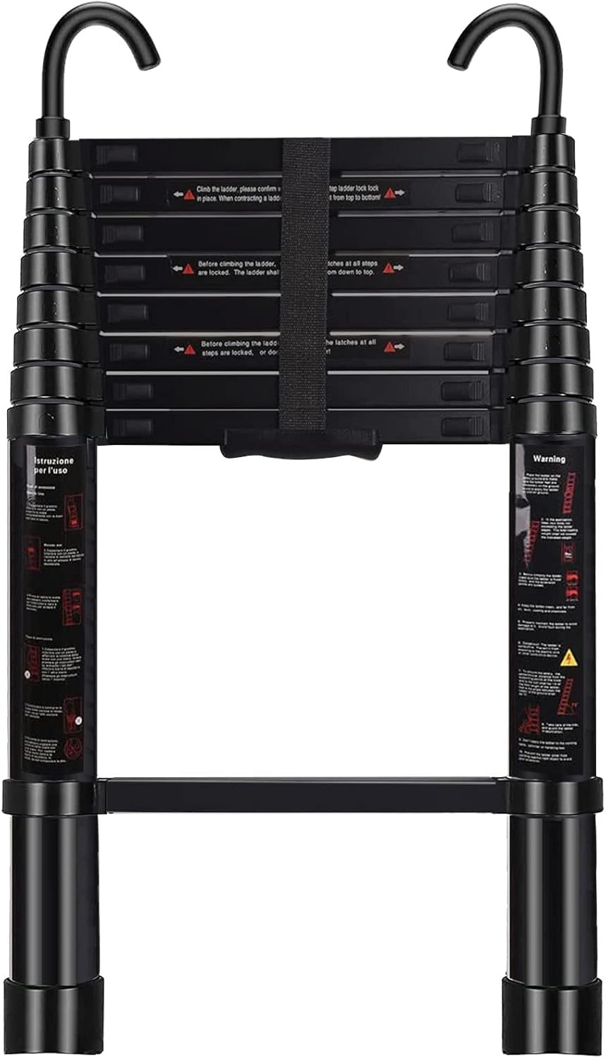 Telescoping Ladder 8.5 FT - Aluminum Telescopic Ladder with Hooks - Folding Extension Ladders for Home Work Loft Roof Attic RV Ladder with EN131 Certification - 330lbs Max Capacity (Black) Black Black 8.5FT (Hook)