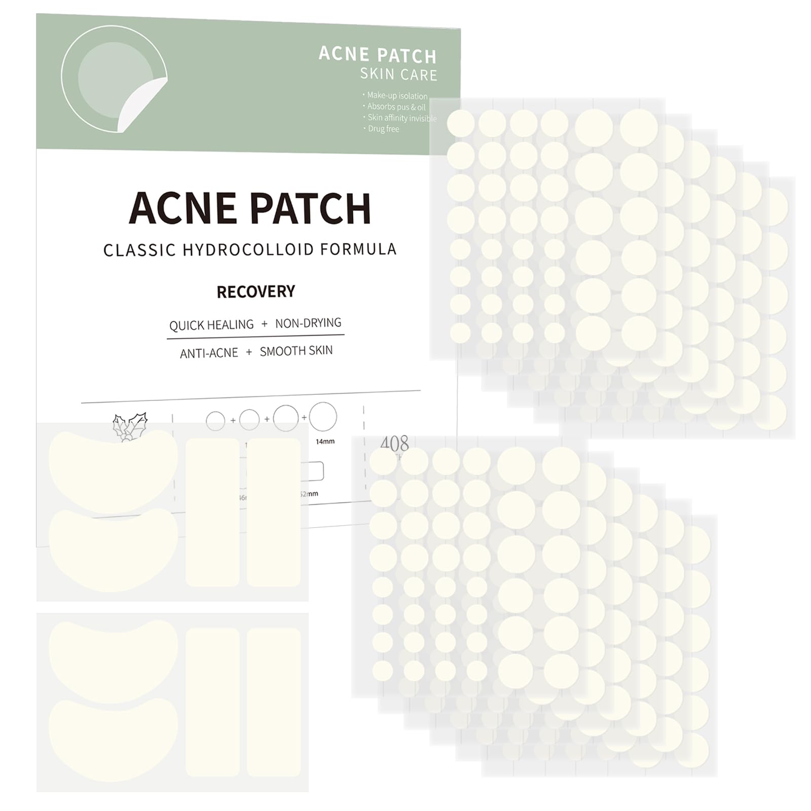 Pimple Patch 408 Counts Hydrocolloid Acne Patches for Face Invisible Acne Spots Cover Patches Four Sizes Zit Patch