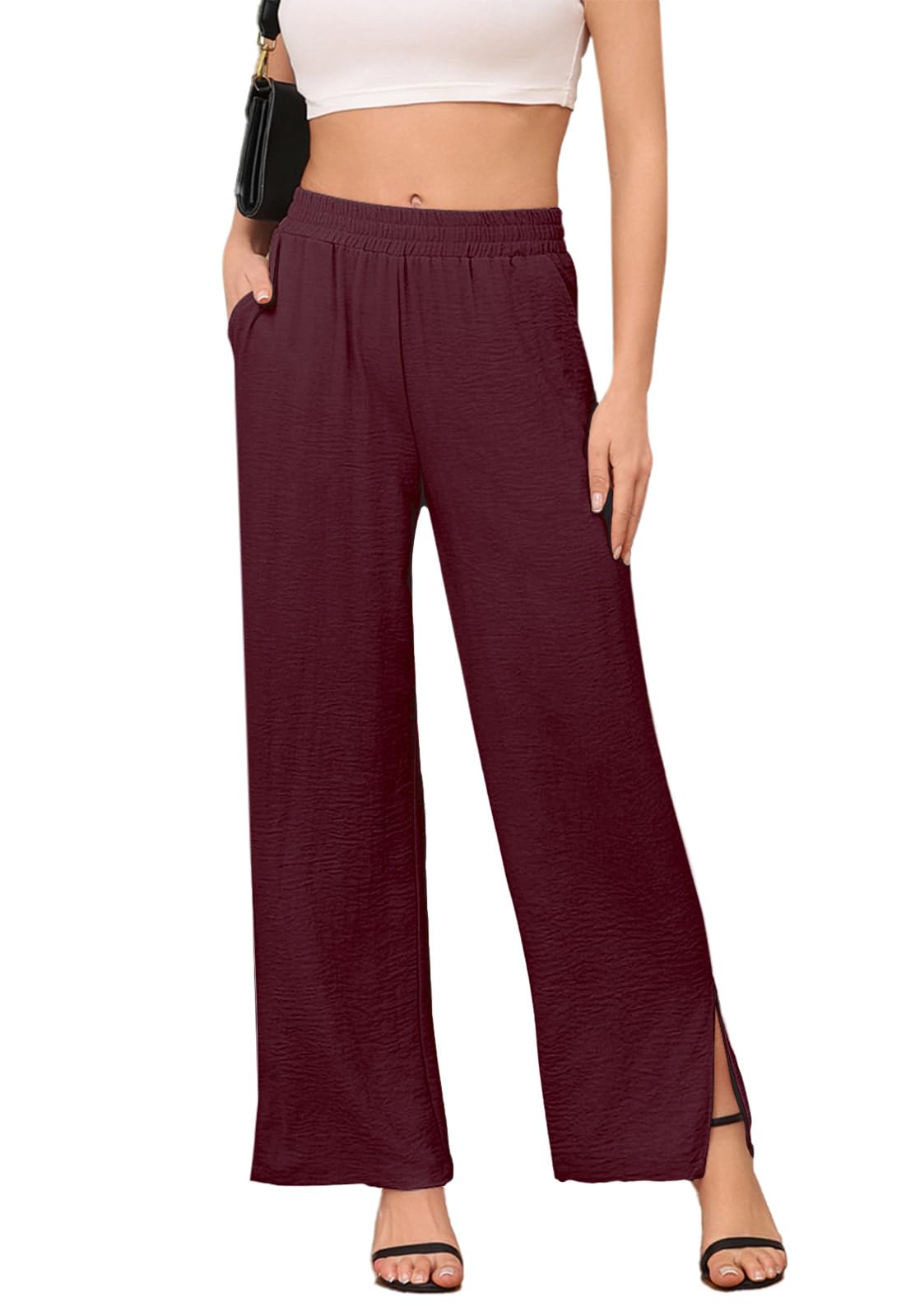 DILIUXING Womens Wide Leg Lounge Pants with Pockets Side Slits Lightweight High Waisted Loose Trouser