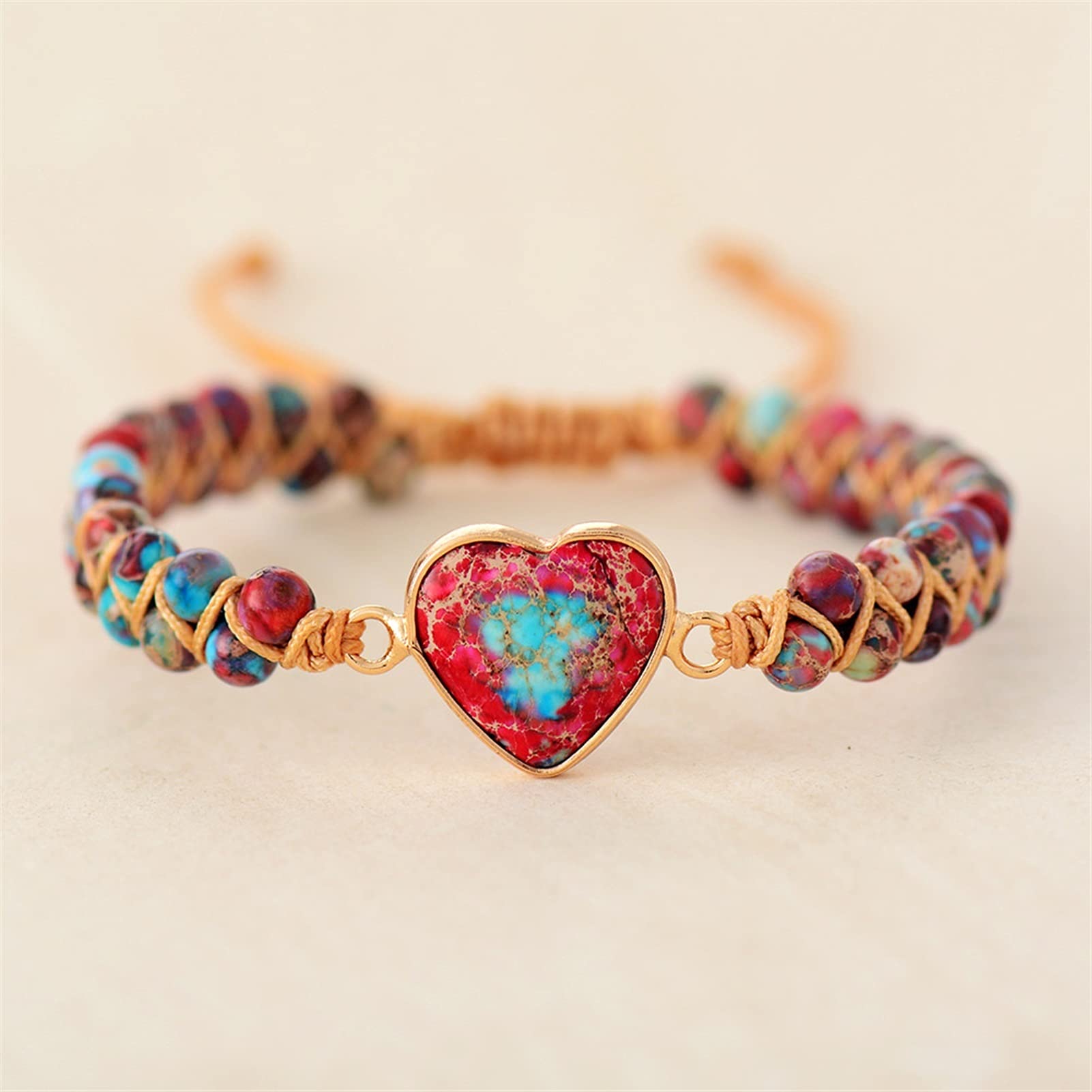 Pulsera de Piedra Natural Pulseras con dijes de corazón de Piedra Natural Pulseras de macramé Trenzadas de Hilo Pulsera Envolvente de Amistad de jaspes Joyería Femenina Pulsera joyería
