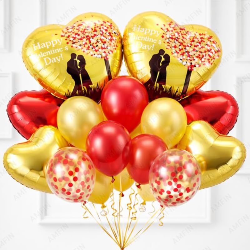 Image of AMFIN (Pack of 14) Happy Valentine's Day Balloon Decoration Set | Romantic Heart Foil Bouquet Metallic Helium Bunch Proposal Anniversary Celebration Party Decor - Golden