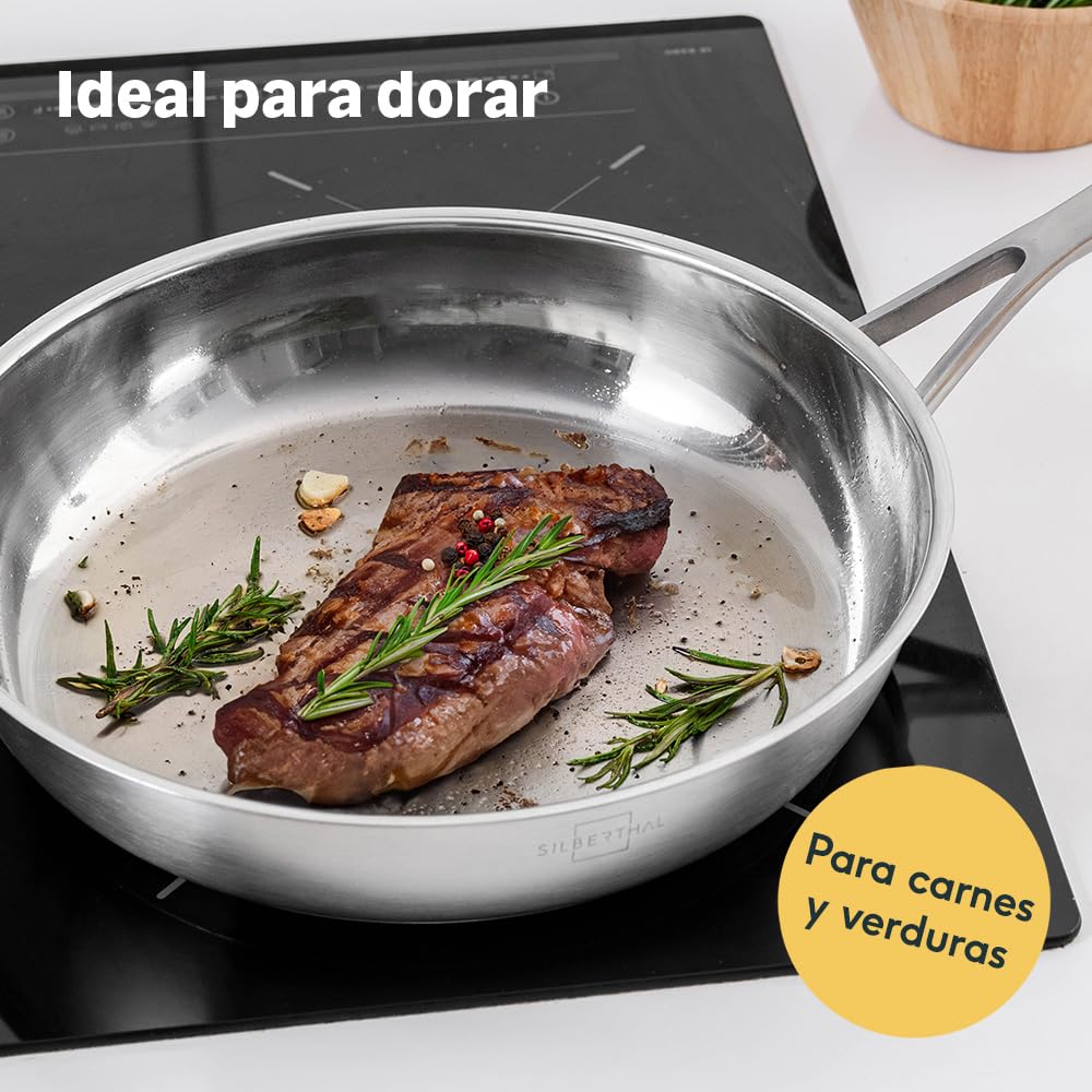 SILBERTHAL Sartenes Acero Inoxidable 20 24 28 cm Sin Antiadherente 18/10 | Gas, horno y vitrocerámica hasta 400°C, triple fondo para calor uniforme, sin PFOA y PFOS, para una cocina sana, apta
