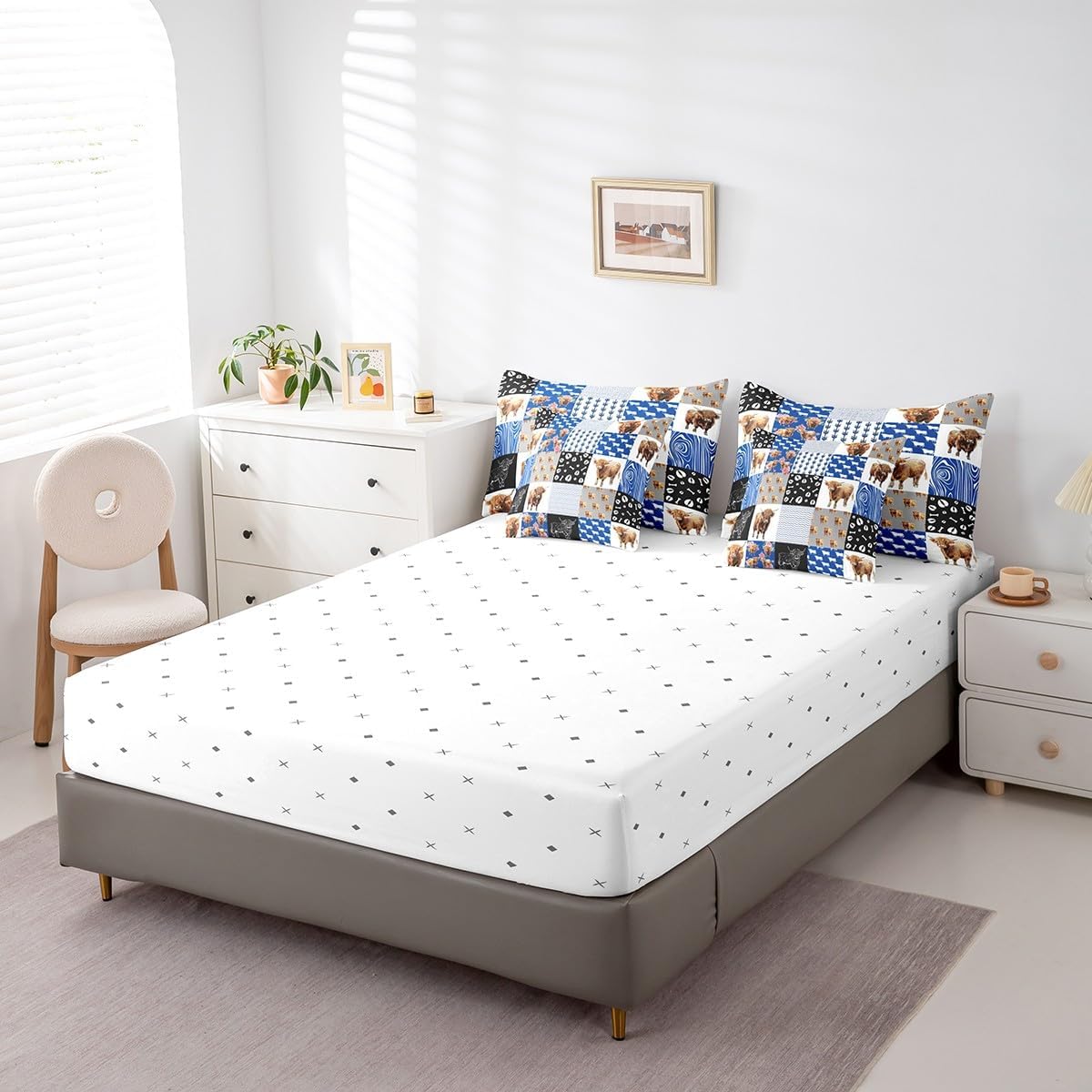 Highland Cow Bed in a Bag Queen Comforter Set 7 Piece,Farm Animals Bedding Set,Western Cowboy Longhorn Bull Cattle Sheet Set Rustic Flowers Bed Set,Blue Patchwork Buffalo Plaid Farmhouse Decor