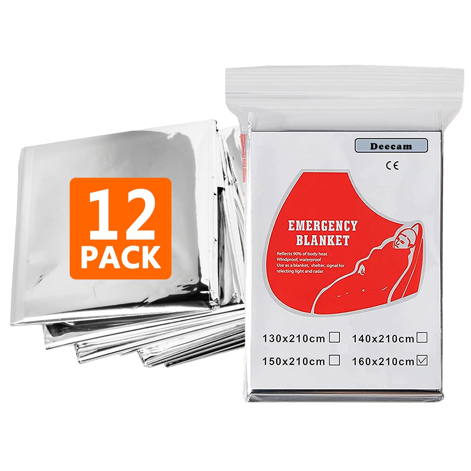 Deecam Emergency Blankets, 12Pack Mylar Thermal Survival Blankets Foil Camping Emergency Heat Reflective Blanket First Aid