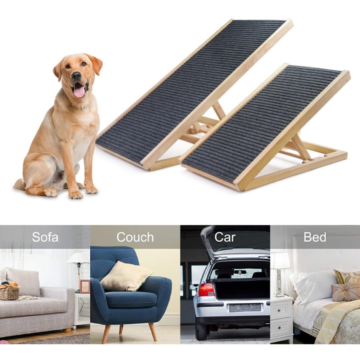 Rampa ajustable para mascotas para todos los perros y gatos, rampas plegables de madera portátiles para perros, para coche, SUV, sofá, para camas altas, altura ajustable, rampa resistente para