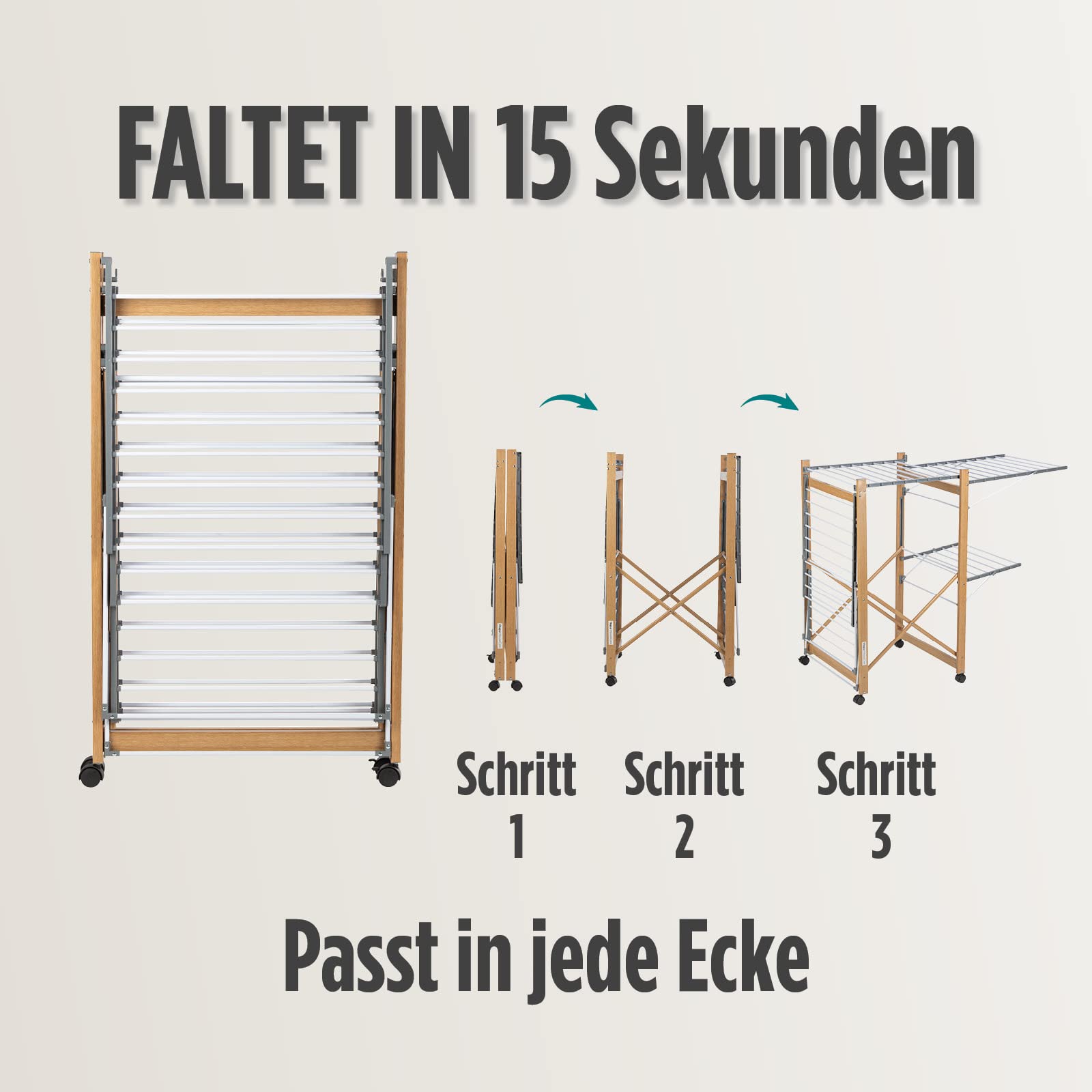 Vitapur House Care XXL Wäscheständer mit Rollen - 2 Ebenen Standtrockner 21m Trockenlänge - Klappbar 12cm Holzoptik - Mobile Flügelwäschetrockner Innen Außen - 25kg Belastbar 136x69cm Platzsparend