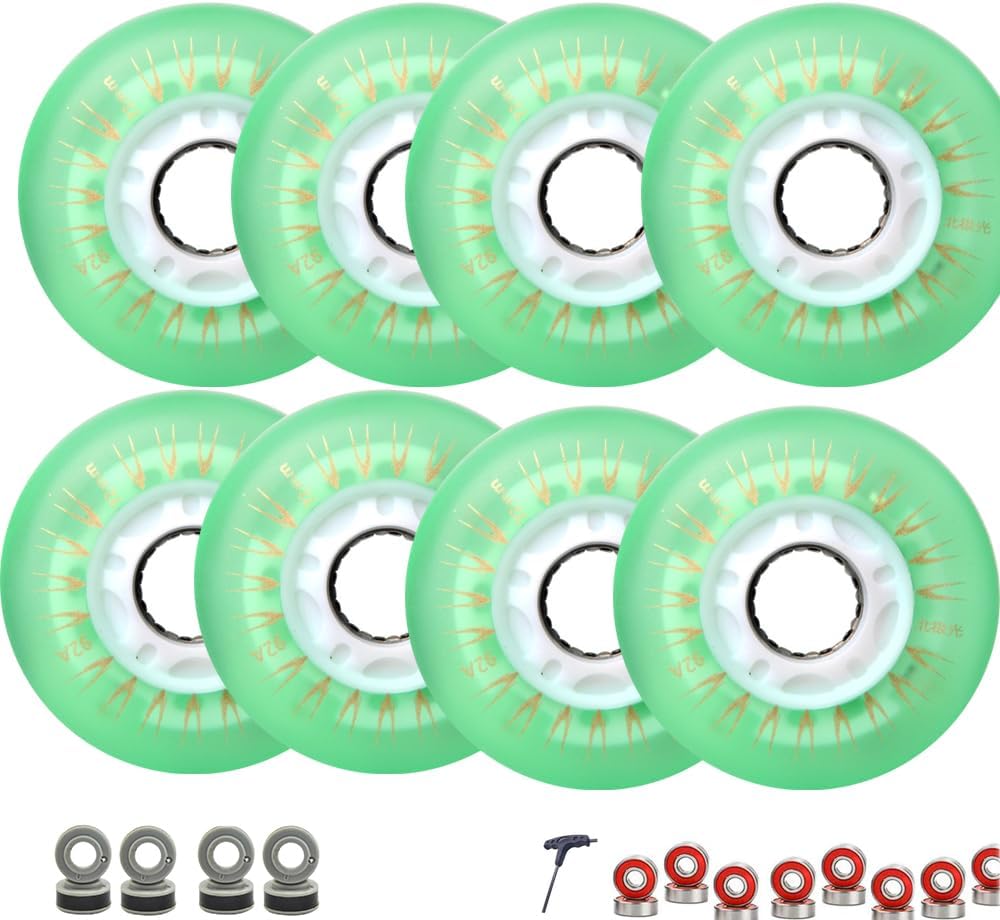 8 Pack Inline Skate Replacement Wheels 72mm 76mm 80mm Inline Skate Wheels with LED Lights and High-Precision ABEC-9 Bearings for Improved Performance and Durability (Green,72mm)