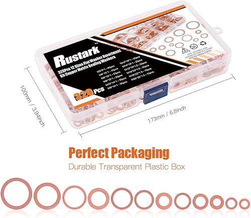 Miniatura 6 de Rustark Kit surtido de 320 arandelas planas de cobre, arandelas métricas de sellado M5 M6 M8 M10 M12 M14 M16 M20 (12 tamaños)