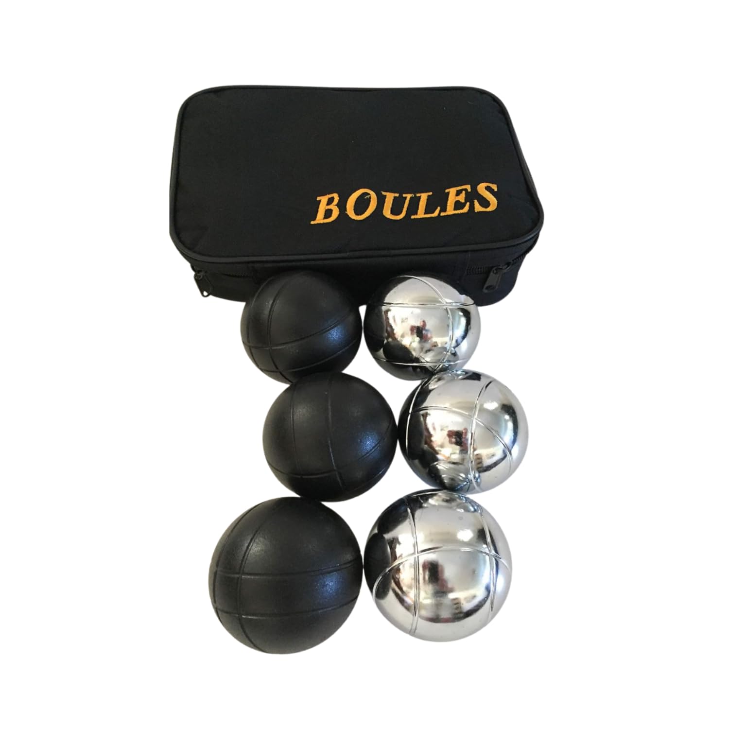 BuyBocceBalls Listing - Unique 6 Ball 73mm Metal Bocce/Petanque Set with 3 Silver Balls and 3 Black Balls