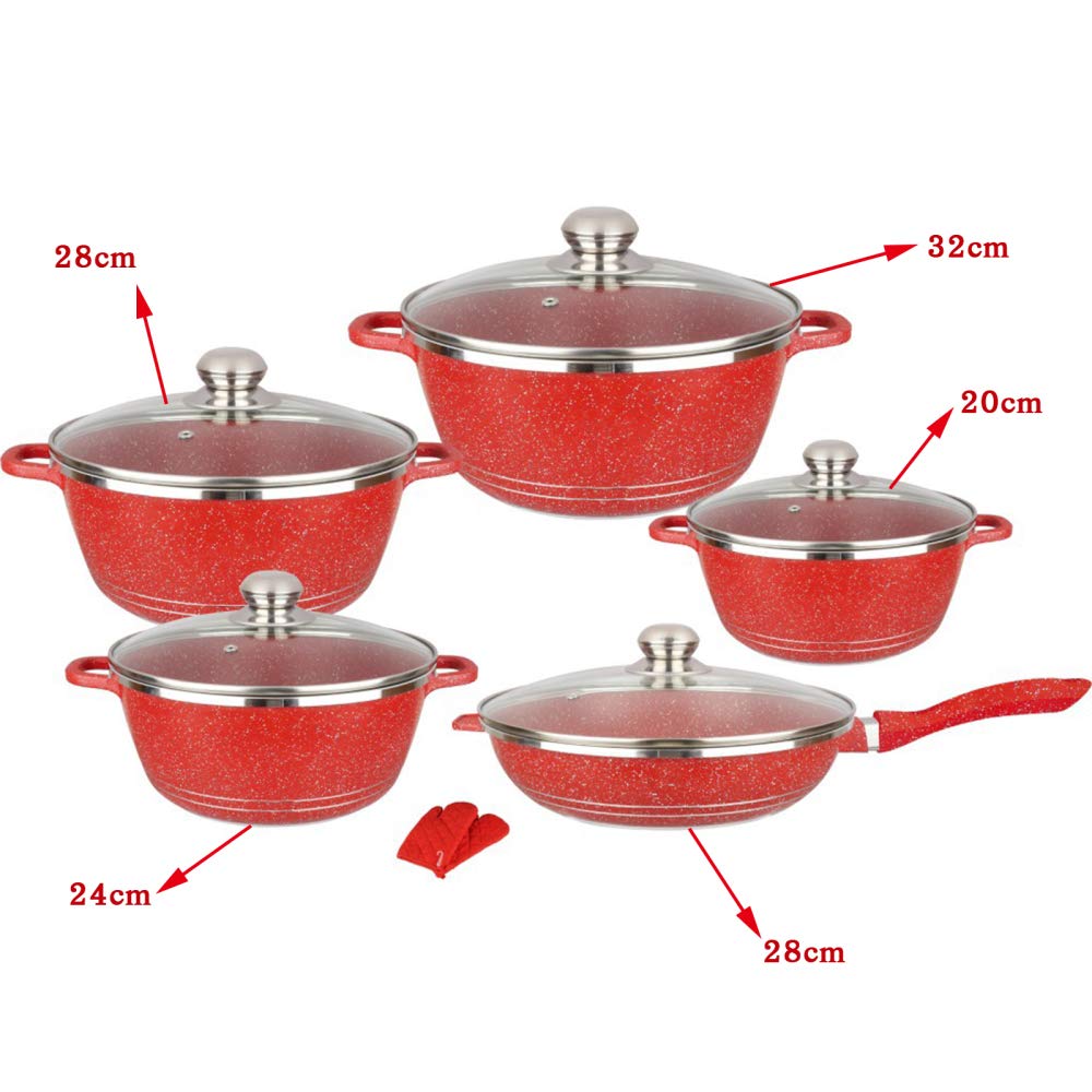 Pentola Cucina, Set pentole antiaderenti, pentole padelle in Granito con coperchi in Vetro, Utensili Cucina in Alluminio Rivestiti in Marmo con pentole, Padella, pentola brodo, 10 Pezzi