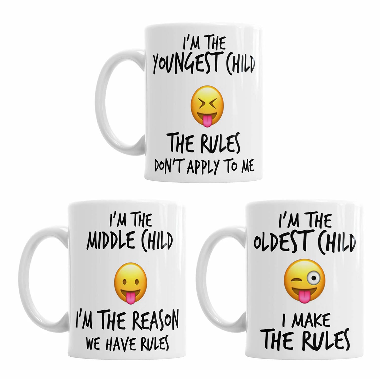 iTRONiK 3 Set Mugs Family Siblings Youngest Middle Oldest Sisters Rules Funny Coffee Tea - Funny Set of Ceramic Photo Mugs (All 3 Child Set)
